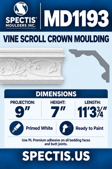 MD1193 Vine Scroll Crown Moulding — Spectis moulding dimensions and profile