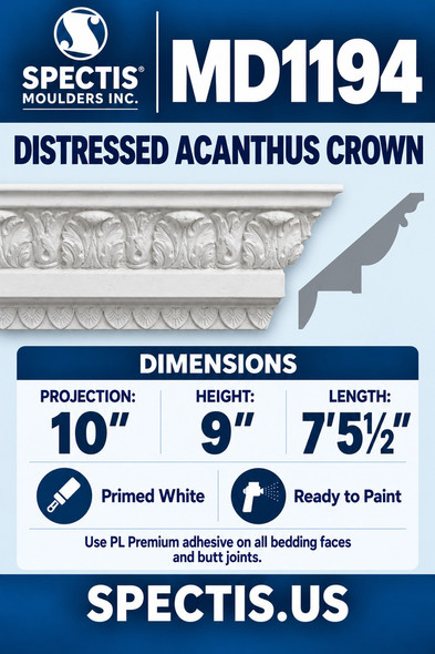 MD1194 Distressed Acanthus Crown — Spectis moulding dimensions and profile