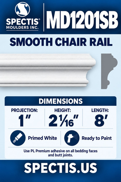 MD1201SB Smooth Chair Rail — Spectis moulding dimensions and profile