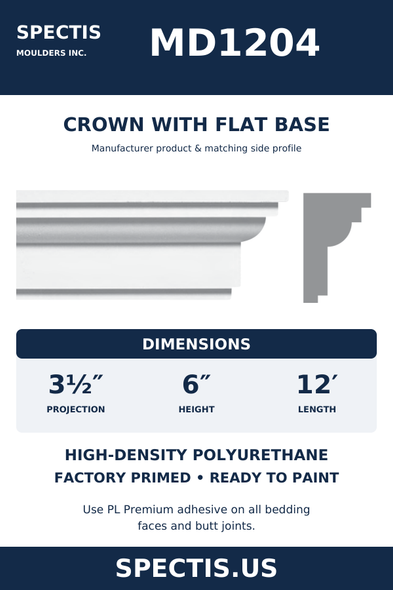 MD1204 Crown with Flat Base — dimensions and moulding profile