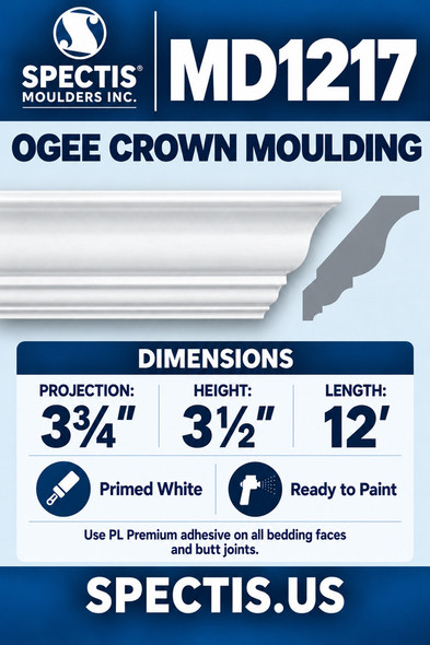 MD1217 Ogee Crown Moulding — Spectis moulding dimensions and profile
