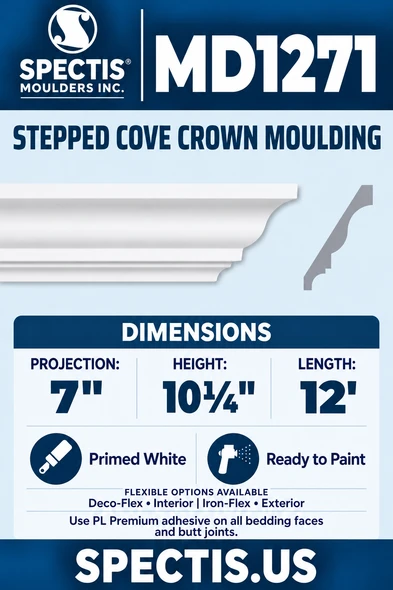 MD1271 moulding — clean white rendering and manufacturer-catalogue-based gray side profile.