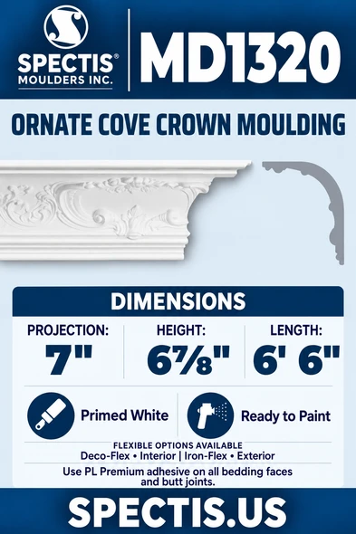 MD1320 Ornate Cove Crown Moulding — manufacturer-referenced product and side profile