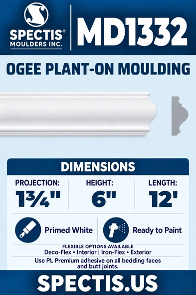 MD1332 moulding — clean white rendering and manufacturer-catalogue-based gray side profile.
