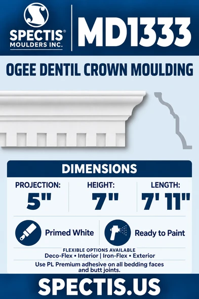 MD1333 Ogee Dentil Crown Moulding — manufacturer-referenced product and side profile