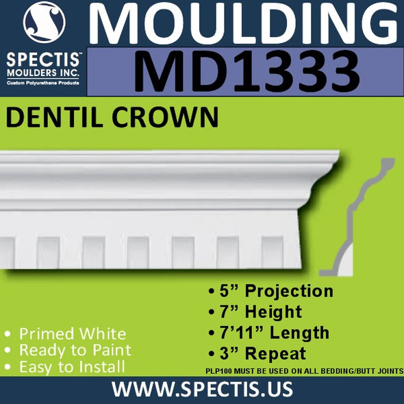 MD1333 Spectis Crown Molding Dentil Trim 5"P x 7"H x 95"L