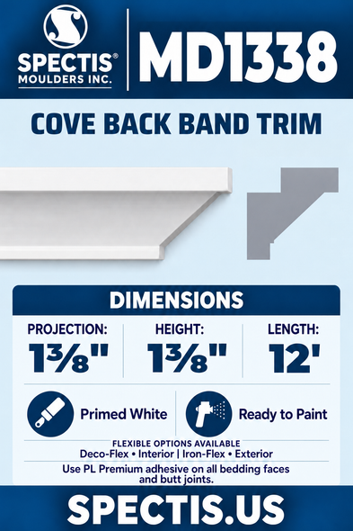MD1338 moulding — clean white rendering and manufacturer-catalogue-based gray side profile.