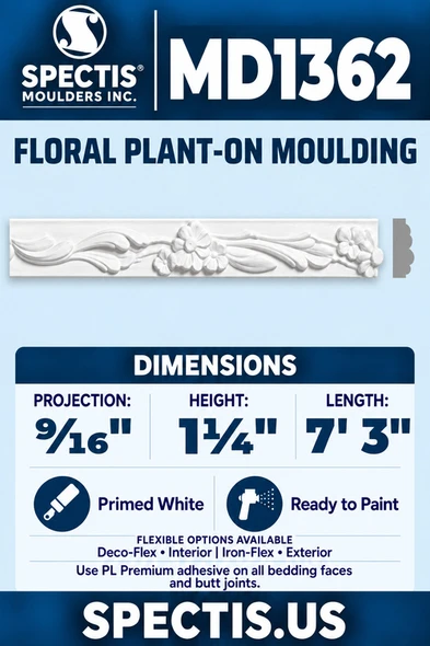 MD1362 floral plant-on moulding with matching side profile and dimensions