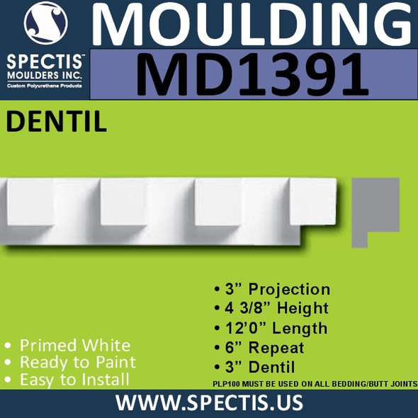 MD1391 Spectis Molding Dentil Trim 3"P x 4 3/8"H x 144"L