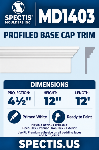 MD1403 moulding — clean white rendering and manufacturer-catalogue-based gray side profile.