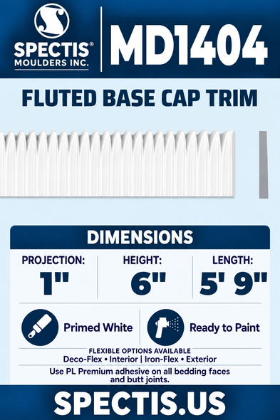 MD1404 moulding — clean white rendering and manufacturer-catalogue-based gray side profile.