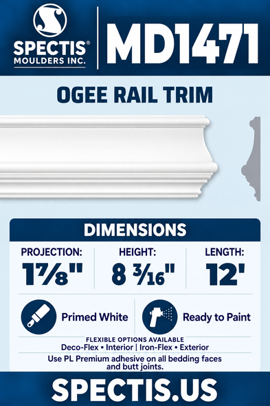 MD1471 Ogee Rail Trim — clean white moulding with matching side profile