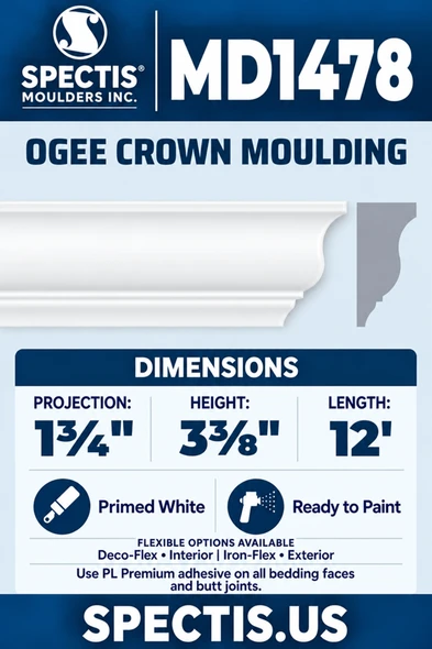 MD1478 Ogee Crown Moulding — clean white moulding with matching side profile