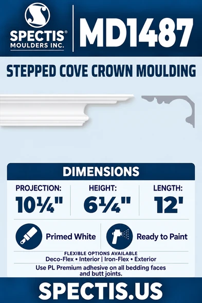MD1487 Stepped Cove Crown Moulding — clean white moulding with matching side profile