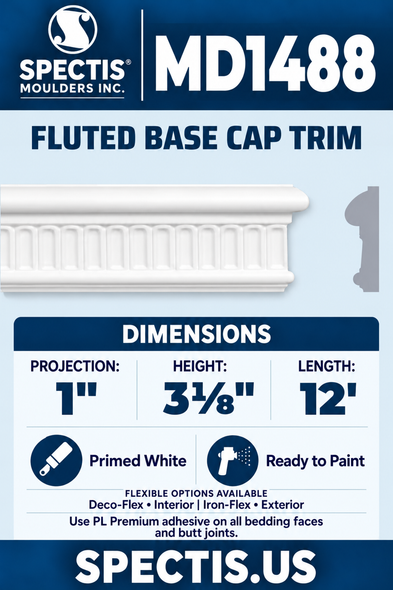 MD1488 Fluted Base Cap Trim — clean white moulding with matching side profile
