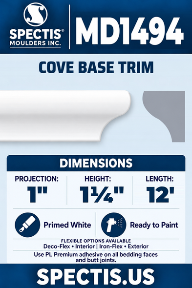 MD1494 Cove Base Trim — clean white moulding with matching side profile