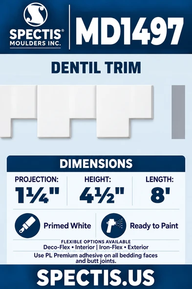 MD1497 Dentil Trim — clean white moulding with matching side profile