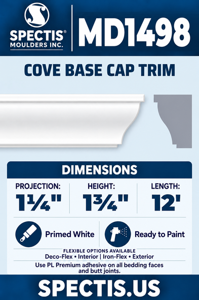 MD1498 Cove Base Cap Trim — clean white moulding and matching side profile