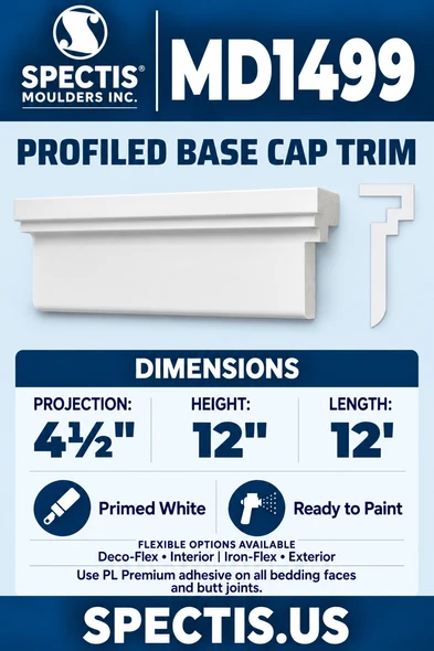 MD1499 Profiled Base Cap Trim — clean white moulding and manufacturer-based side profile; 4½ inch projection × 12 inch height × 12 foot length.