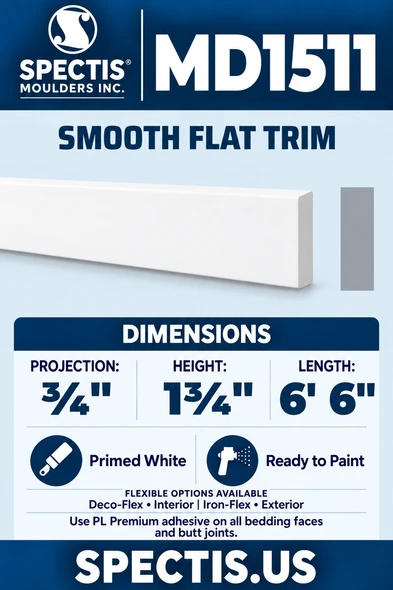 MD1511 Smooth Flat Trim — white moulding rendering and side profile.