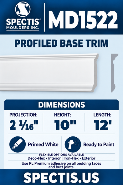 MD1522 Profiled Base Trim — white moulding and matching side profile — 2 1/16 inch projection × 10 inch height × 12 foot length.