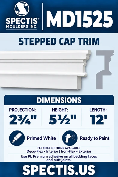 MD1525 Stepped Cap Trim — white moulding rendering and side profile.