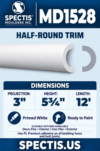 MD1528 Half-Round Trim — white moulding rendering and side profile.