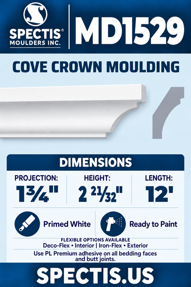 MD1529 Cove Crown Moulding — white moulding with matching side profile.
