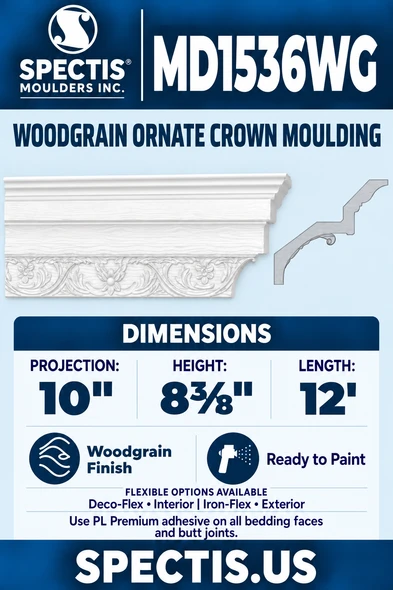 MD1536WG Woodgrain Ornate Crown Moulding — white moulding with matching side profile.