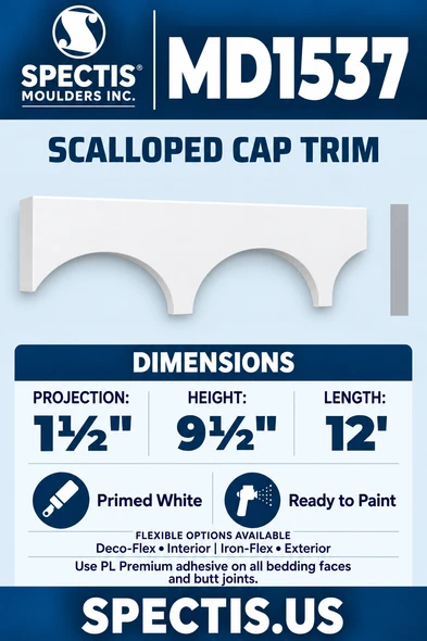 MD1537 Scalloped Cap Trim — white moulding rendering and side profile.