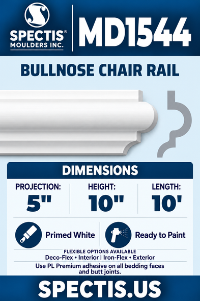 MD1544 Bullnose Chair Rail — white moulding rendering and side profile.