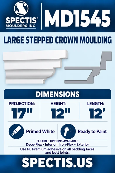 MD1545 Large Stepped Crown Moulding — white moulding with matching side profile.