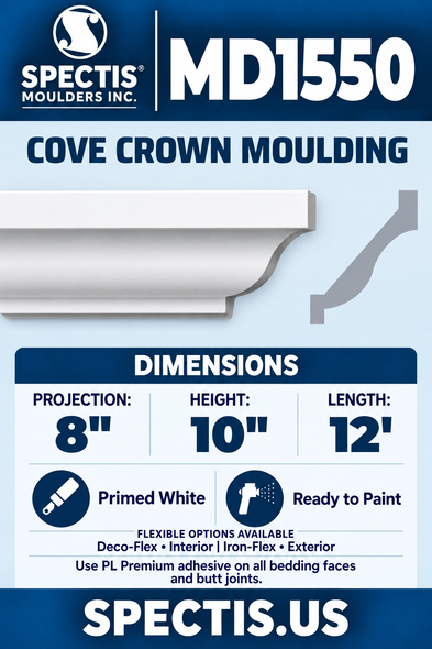 MD1550 Cove Crown Moulding — white moulding with matching side profile.