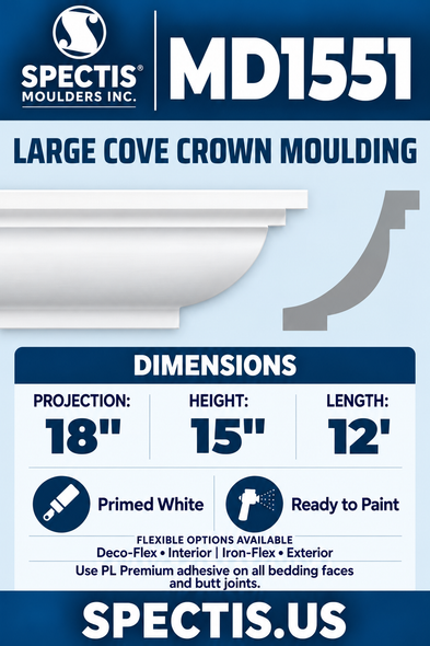 MD1551 Large Cove Crown Moulding — white moulding rendering and side profile.