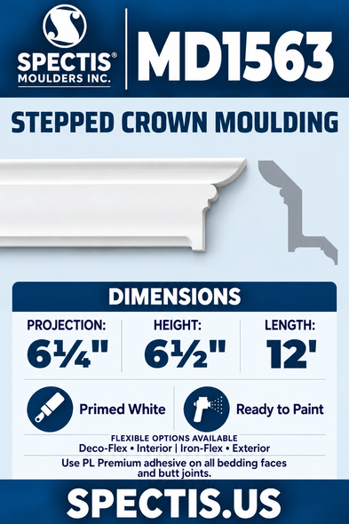 MD1563 Stepped Crown Moulding — white moulding rendering and side profile.
