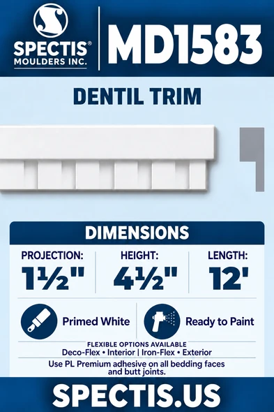 MD1583 Dentil Trim — white moulding rendering and side profile.
