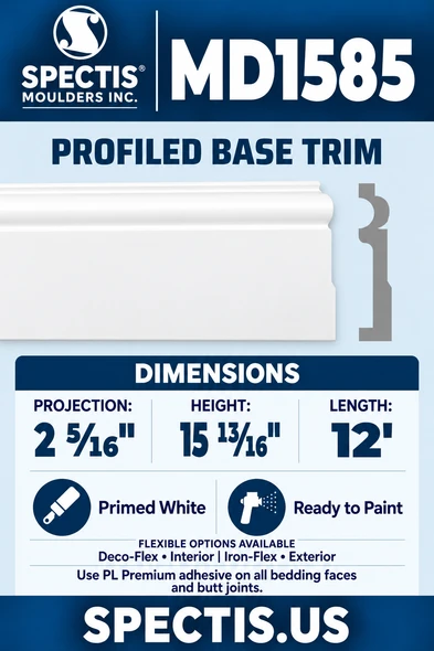 MD1585 Profiled Base Trim — white moulding rendering and side profile.