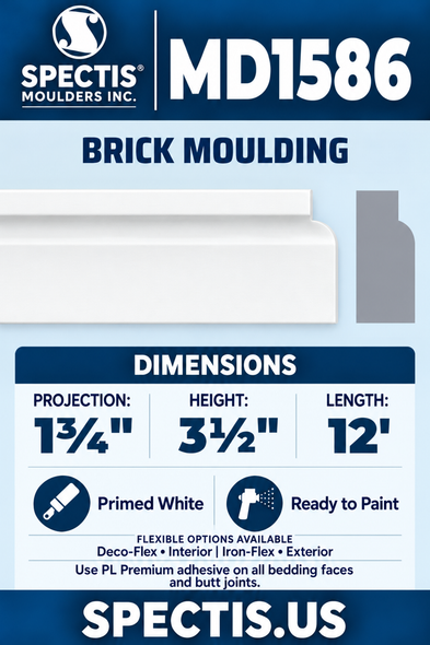 MD1586 Brick Moulding — white moulding rendering and side profile.
