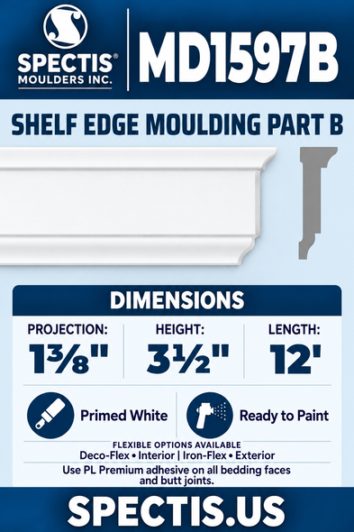 MD1597B Shelf Edge Moulding Part B — white moulding rendering and side profile.