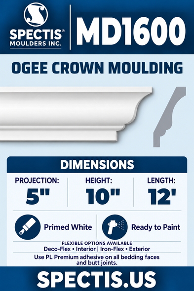 MD1600 Ogee Crown Moulding — white moulding rendering and side profile.