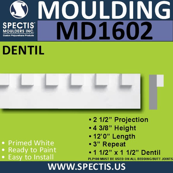MD1602 Spectis Molding Dentil Trim 2 1/2"P x 4 3/8"H x 144"L
