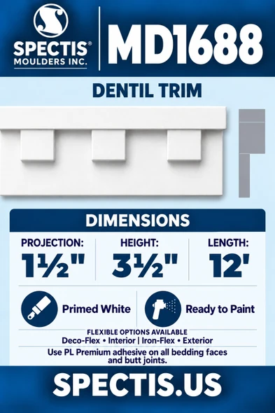 MD1688 Dentil Trim — Polyurethane — 1½″ P × 3½″ H × 12′ L — moulding and matching side profile