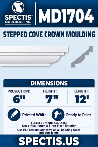 MD1704 Stepped Cove Crown Moulding — Polyurethane — 6″ P × 7″ H × 12′ L — aligned section and side profile.