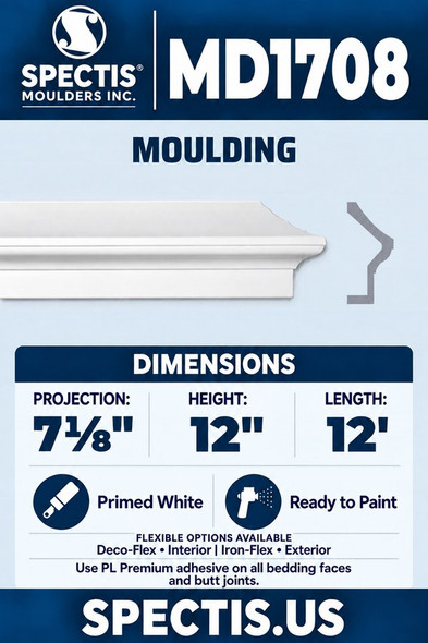 MD1708 Moulding — Polyurethane — 7⅛″ P × 12″ H × 12′ L — aligned section and side profile.