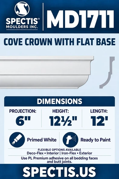 MD1711 Cove Crown with Flat Base — Polyurethane — 6″ P × 12½″ H × 12′ L — aligned section and side profile.