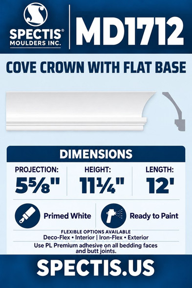 MD1712 Cove Crown with Flat Base — Polyurethane — 5⅝″ P × 11¼″ H × 12′ L — aligned section and side profile.