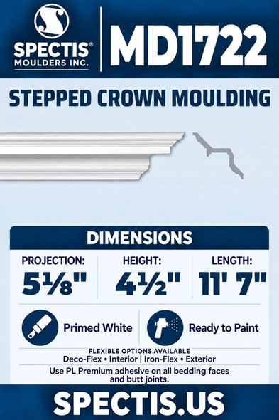MD1722 Stepped Crown Moulding — Polyurethane — 5⅛″ P × 4½″ H × 11′7″ L — aligned section and side profile.