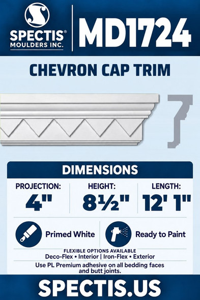 MD1724 Chevron Cap Trim — Polyurethane — 4″ P × 8½″ H × 12′1″ L — aligned section and side profile.