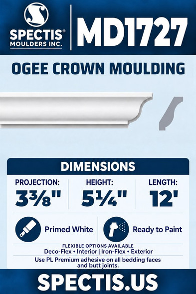 MD1727 Ogee Crown Moulding — Polyurethane — 3⅜″ P × 5¼″ H × 12′ L — aligned section and side profile.