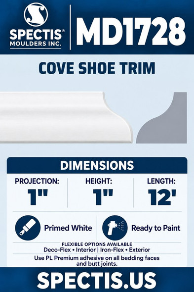 MD1728 Cove Shoe Trim — Polyurethane — 1″ P × 1″ H × 12′ L — aligned section and side profile.
